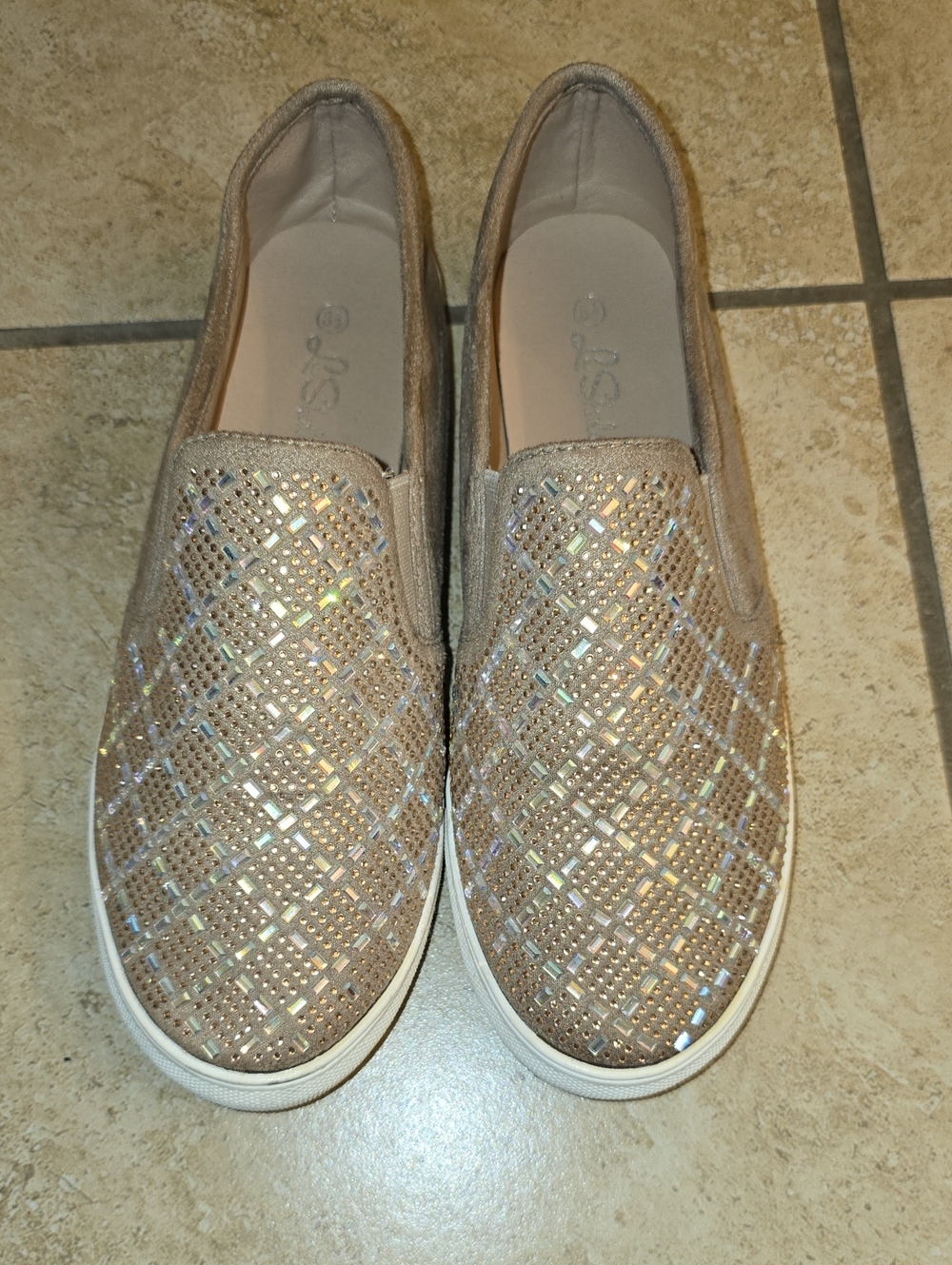 Women's Casual Slip-On Embellished Sneakers in Champagne Tan - Size 8.5